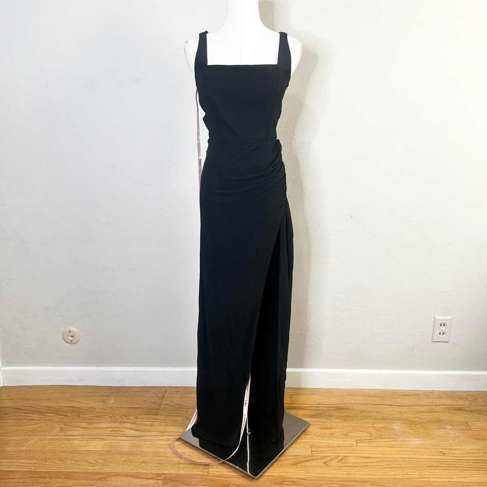 Lulus Maxi Dress Size XS Black Square Neck High Slit Glamorous Disposition New‎